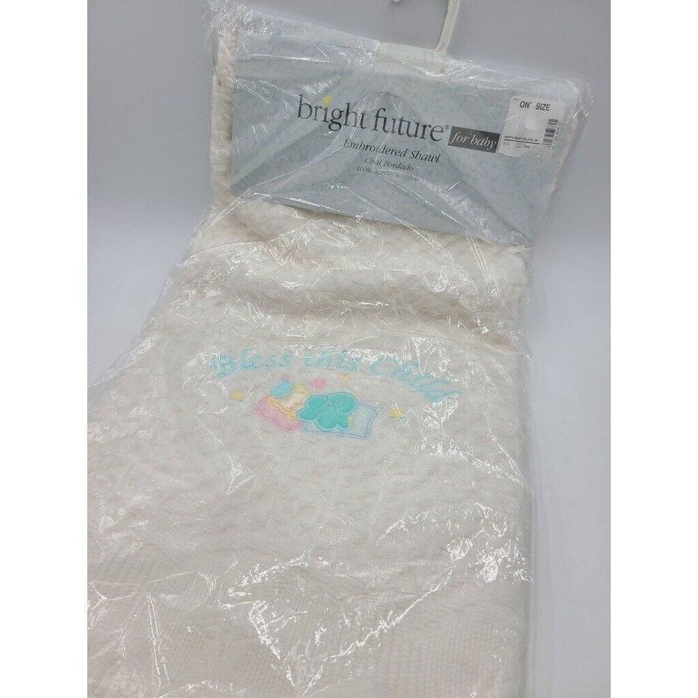 Vintage Bright Future White Woven Bless This Child Bear Moon Baby Blanket